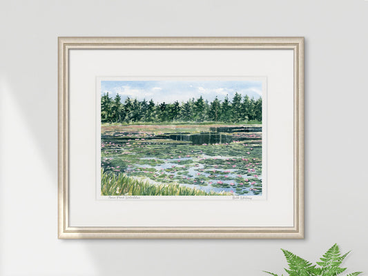 Framed watercolor print of Ames Pond waterlilies, Stonington, Maine, in a silver frame on a neutral wall.