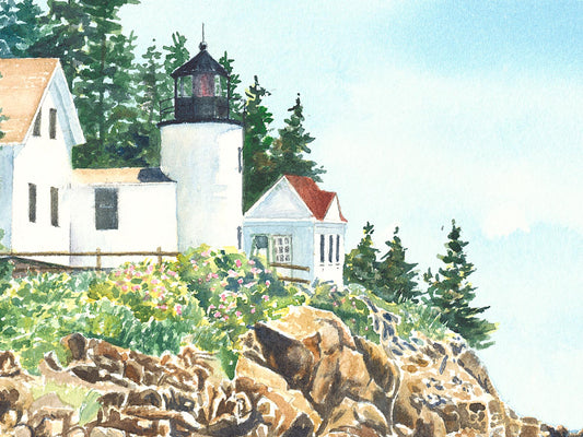Close-up detail of original watercolor painting of Bass Harbor Light, showing shimmery water reflections.