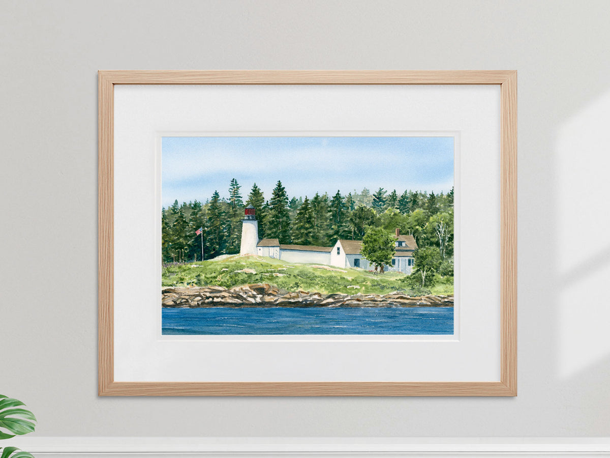 Framed original watercolor painting of Burnt Island Light, Boothbay Harbor, in a warm wood frame.