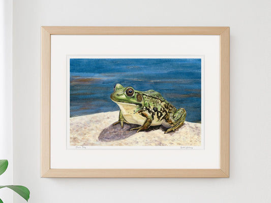 Framed watercolor print of Green Frog, Coastal Maine Botanical Gardens, in a warm wood frame on a neutral wall.