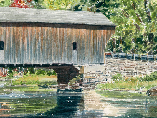 Close-up detail of original watercolor painting of Hemlock Bridge, showing fall foliage and rustic covered bridge structure.