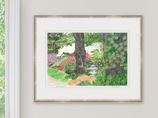 Framed watercolor print of Japanese Lantern, Northeast Harbor, Maine, in a warm wood frame on a neutral wall.
