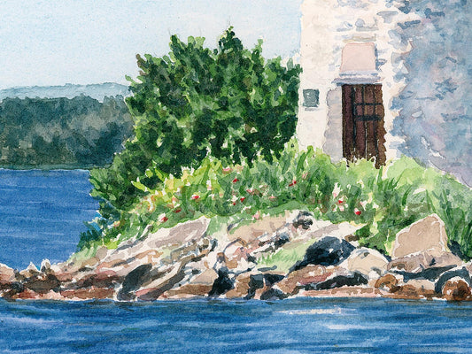 Close-up detail of original watercolor painting of Ladies Delight Light, showing the lighthouse, rocky ledge, and summer lake colors.