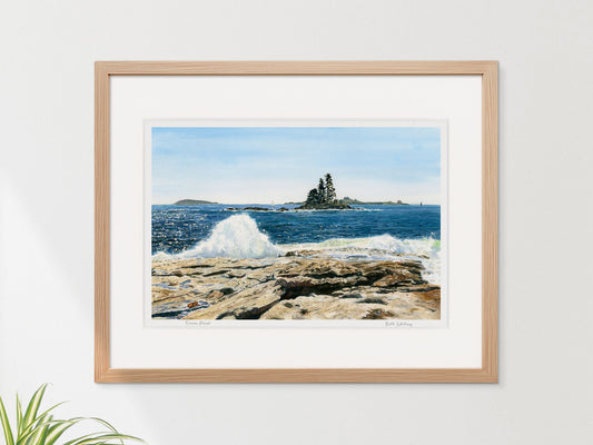 Framed watercolor print of Ocean Point, East Boothbay, Maine, in a warm wood frame on a neutral wall.