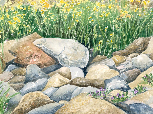 Close-up detail of original watercolor painting of Otter Cove Bridge, showing the layers of cobblestones and wildflowers brushwork.