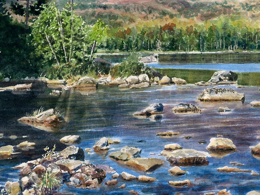 Close-up detail of original watercolor painting of Sandy Stream Pond, showing the reds and purples of Mt Katahdin reflected in the still pond water.