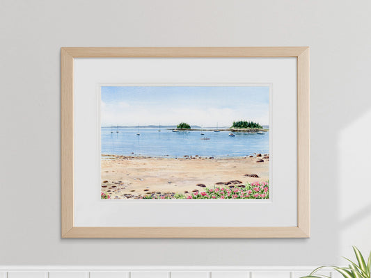 Framed original watercolor painting of Seal Harbor Beach, Acadia, Maine, in a warm wood frame.