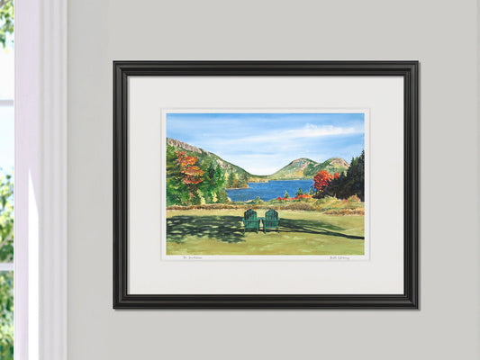 Framed watercolor print of The Invitation, Jordan Pond House, Acadia, in a black frame on a neutral wall.