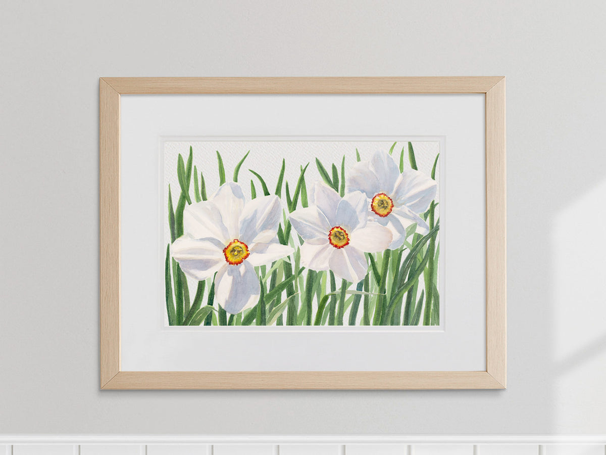 Framed original watercolor painting of White Daffodils, Coastal Maine Botanical Gardens, in a warm wood frame.