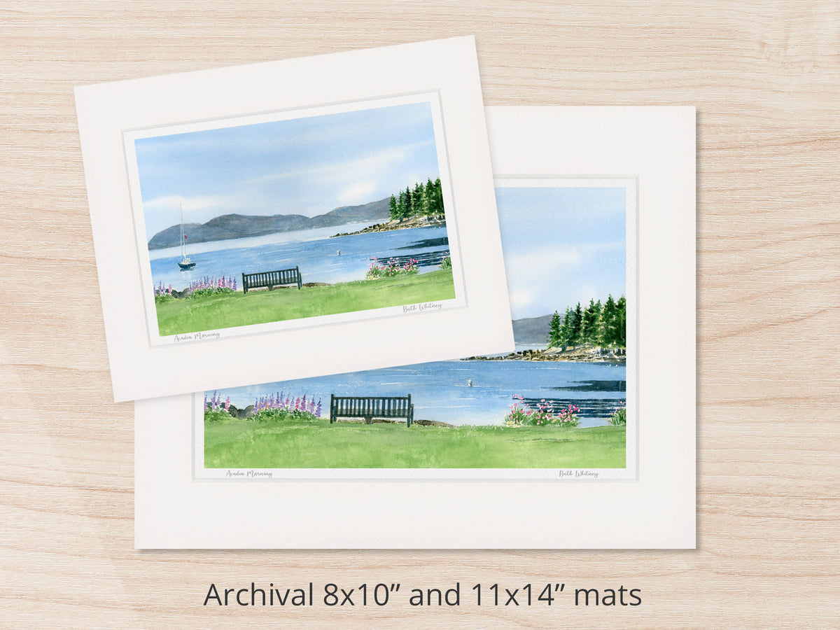 Archival watercolor prints of Acadia Morning, Frenchman's Bay, shown in 8x10 and 11x14 mat sizes.