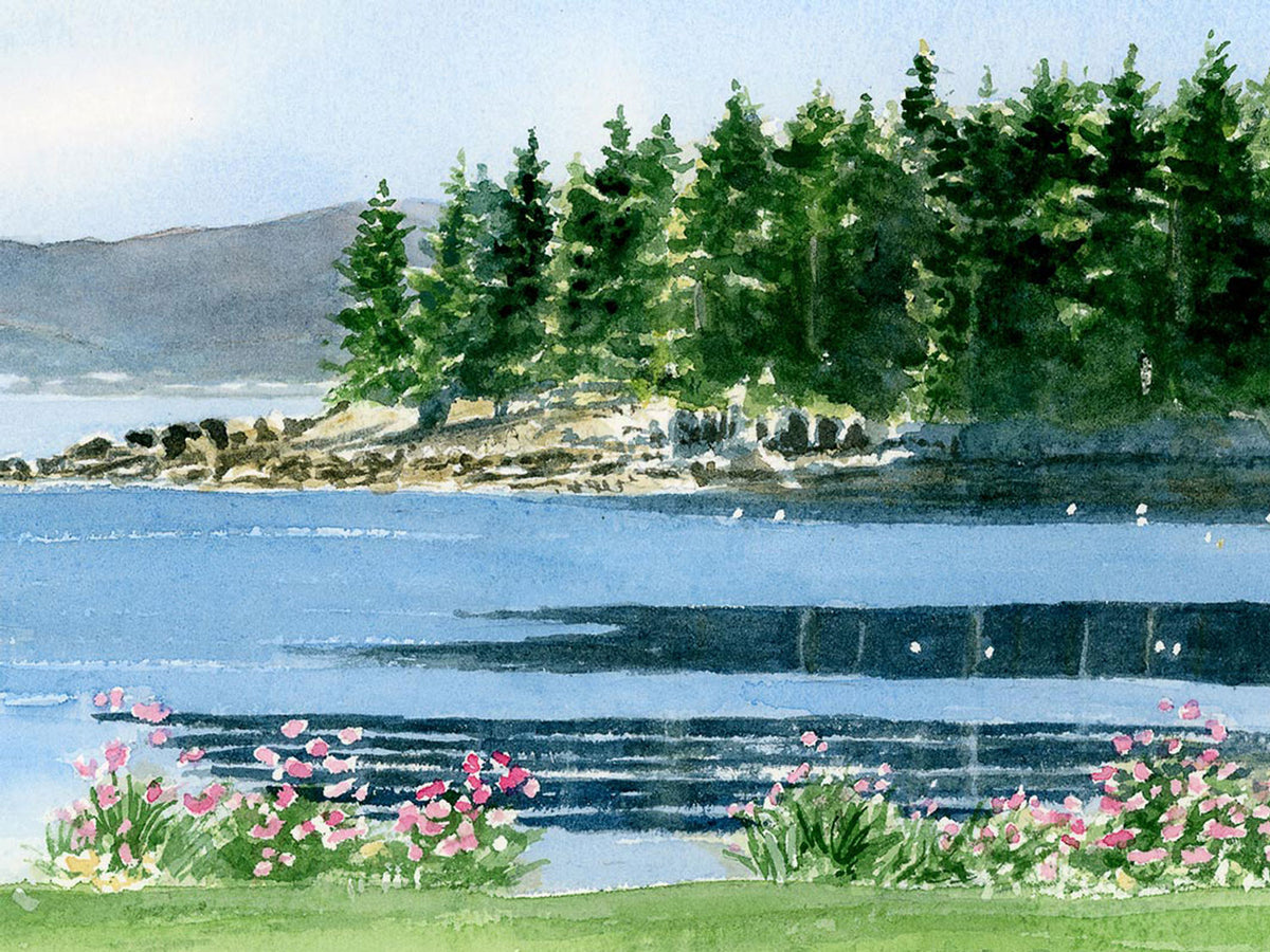 Close-up detail of original watercolor painting of Acadia Morning, showing brushwork and soft morning light over Frenchman's Bay.