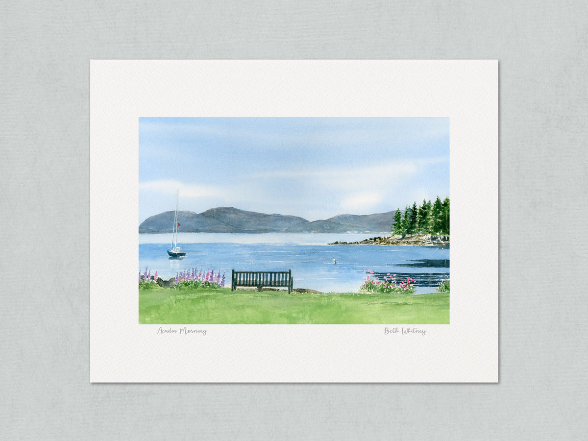 Unmatted archival watercolor print of Acadia Morning, Frenchman's Bay, on gray background.