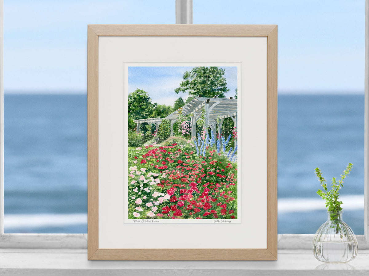 Watercolor print showing the Arbor Garden roses and pergola at Coastal Maine Botanical Gardens in Boothbay, on gray background.