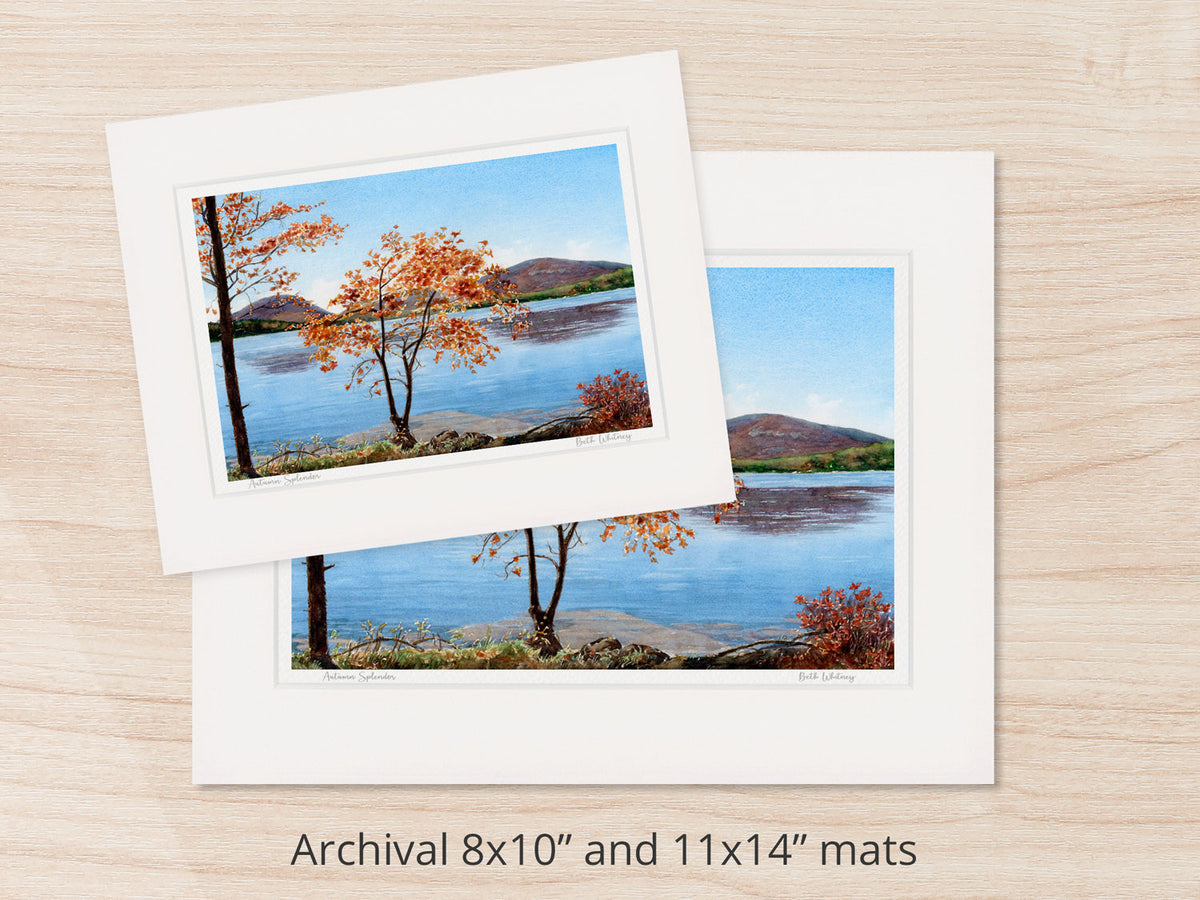 Archival watercolor prints of Autumn Splendor, Eagle Lake, Acadia, shown in 8x10 and 11x14 mat sizes.