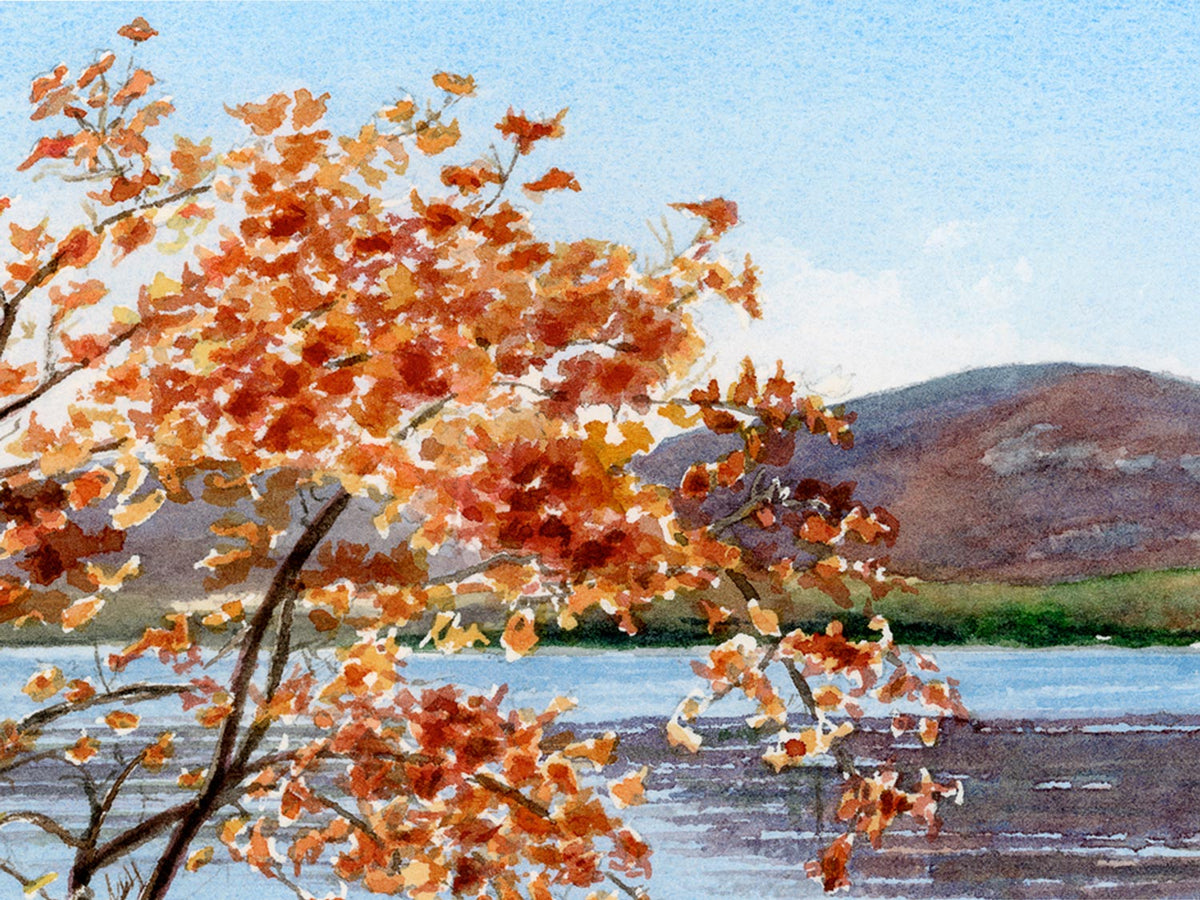 Close-up detail of original watercolor painting of Autumn Splendor, showing fall foliage brushwork and warm afternoon light.
