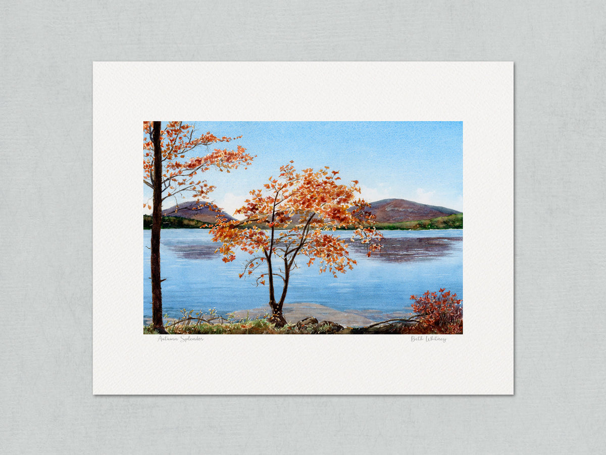 Unmatted archival watercolor print of Autumn Splendor, Eagle Lake fall foliage, Acadia National Park, on gray background.