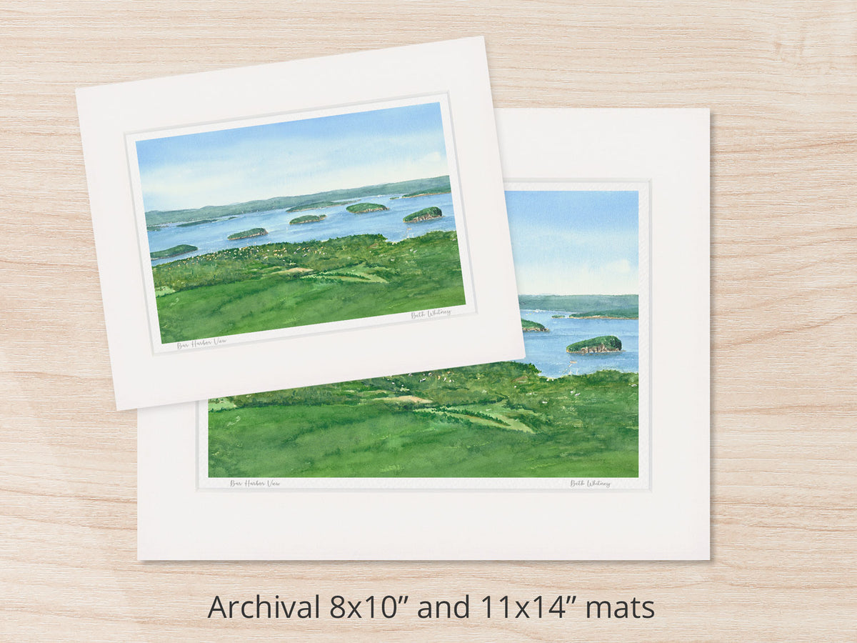 Archival watercolor prints of Bar Harbor View, Acadia National Park, shown in 8x10 and 11x14 mat sizes.