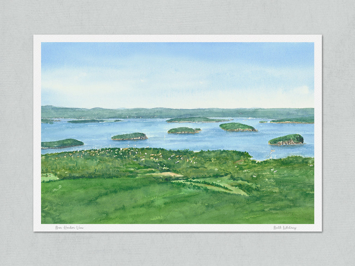 Unmatted archival watercolor print of Bar Harbor View, Frenchman's Bay from Cadillac Mountain, on gray background.