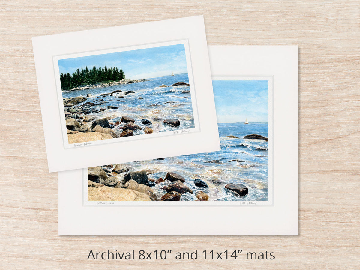 Archival watercolor prints of Barred Island, Sunset, Maine, shown in 8x10 and 11x14 mat sizes.