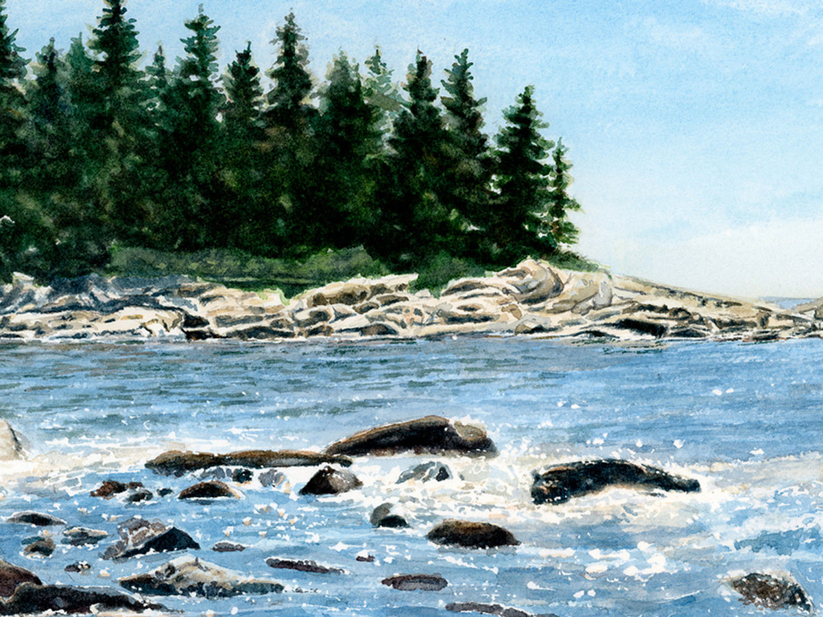 Close-up detail of original watercolor painting of Barred Island tidal sandbar and East Penobscot Bay.