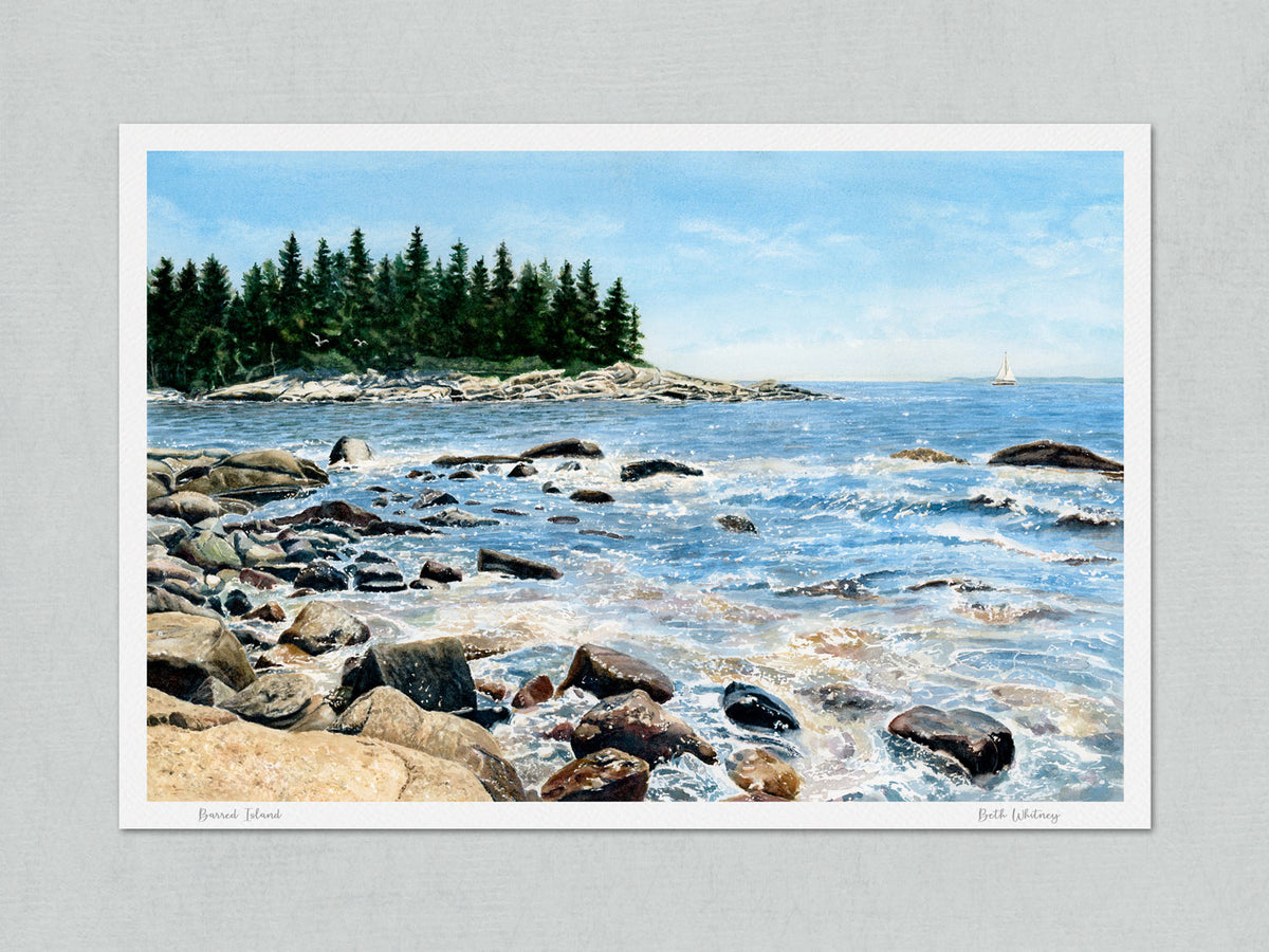 Unmatted archival watercolor print of Barred Island rocky shoreline, Deer Isle, on gray background.