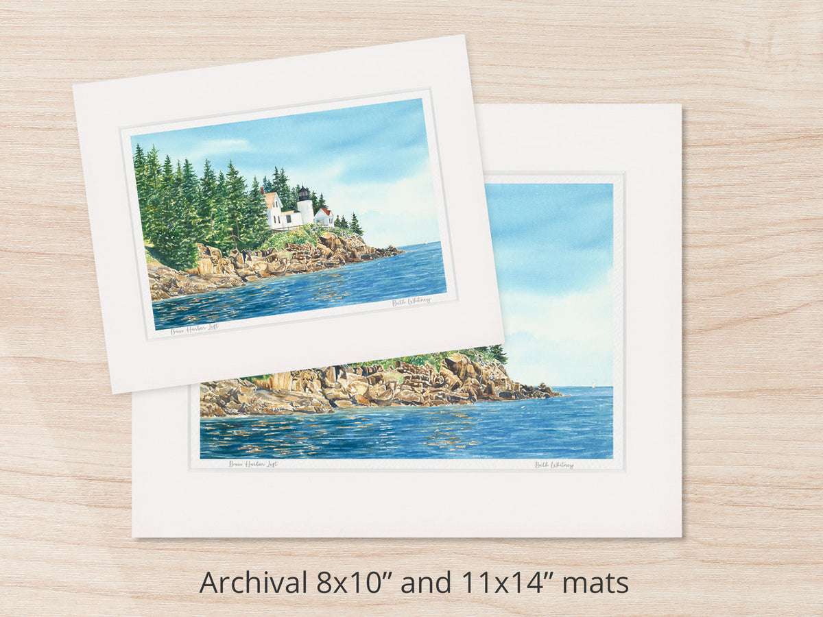 Archival watercolor prints of Bass Harbor Light Left, shown in 8x10 and 11x14 mat sizes.