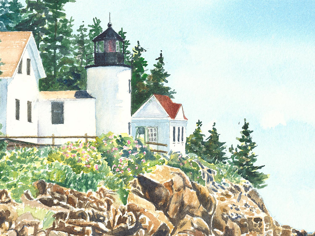 Close-up detail of original watercolor painting of Bass Harbor Light, showing shimmery water reflections.