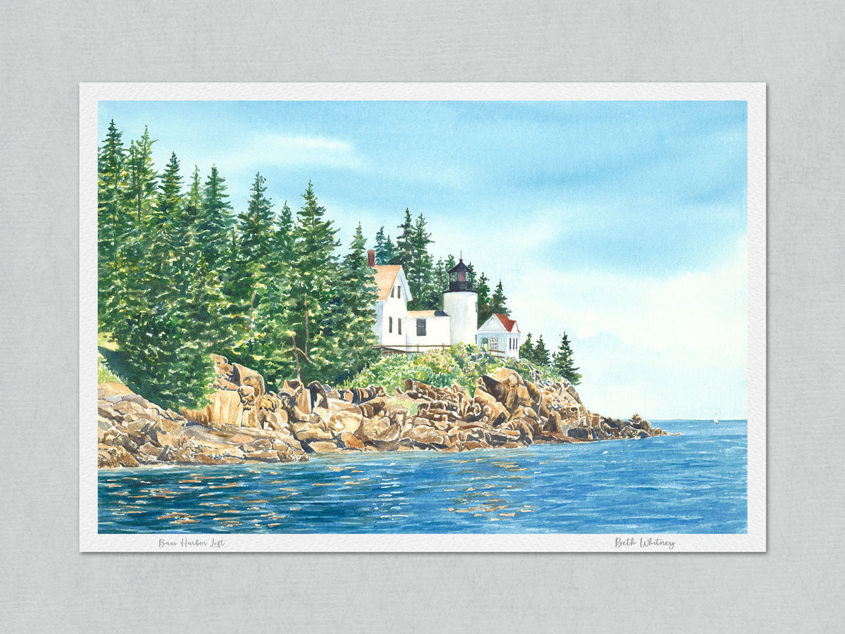 Unmatted archival watercolor print of Bass Harbor Light Left, Acadia National Park, on gray background.
