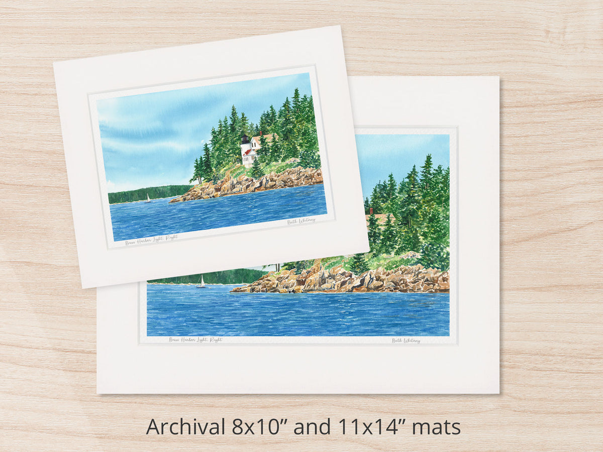 Archival watercolor prints of Bass Harbor Light, Right, shown in 8x10 and 11x14 mat sizes.