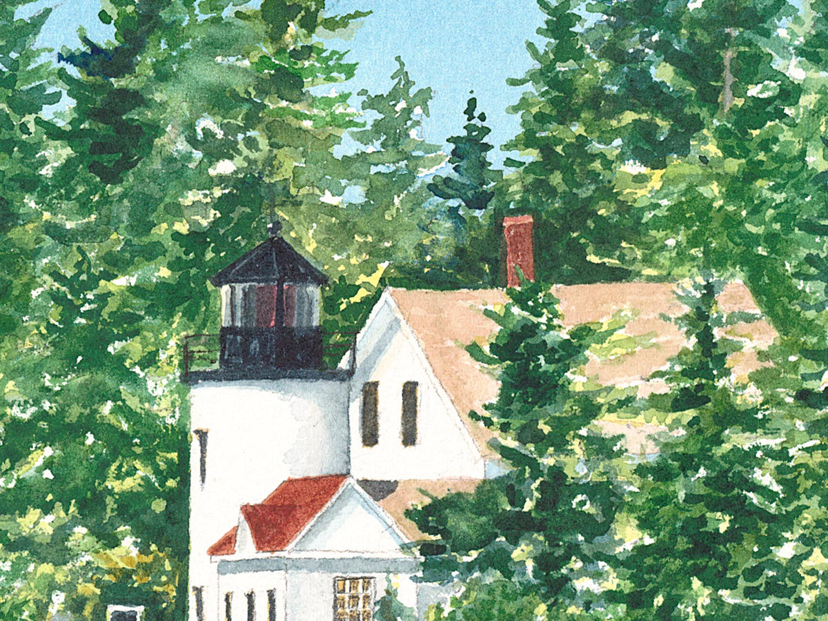 Close up view of the lighthouse tower in Beth Whitney's painting, Bass Harbor Light, Right in Acadia National Park.