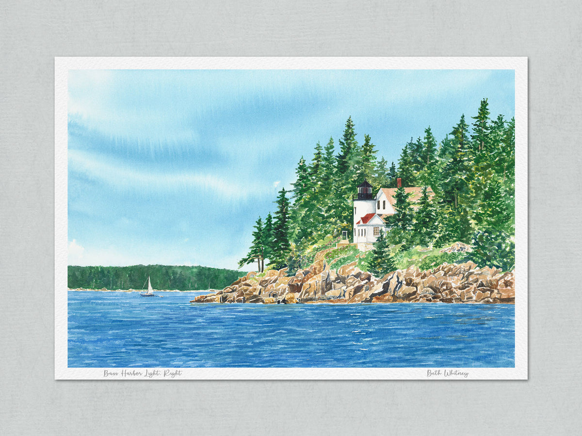 Unmatted archival watercolor print of Bass Harbor Light, Right, Acadia National Park, on gray background.