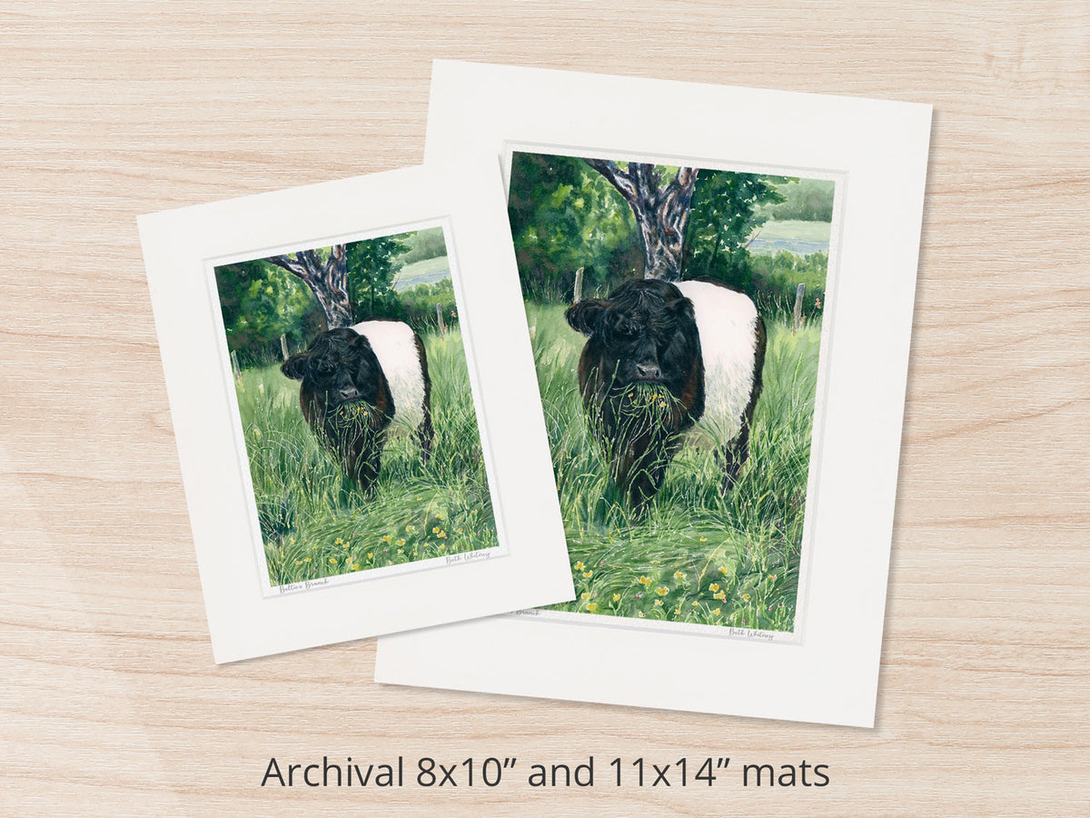 Archival watercolor prints of Beltie's Brunch, shown in 8x10 and 11x14 mat sizes.