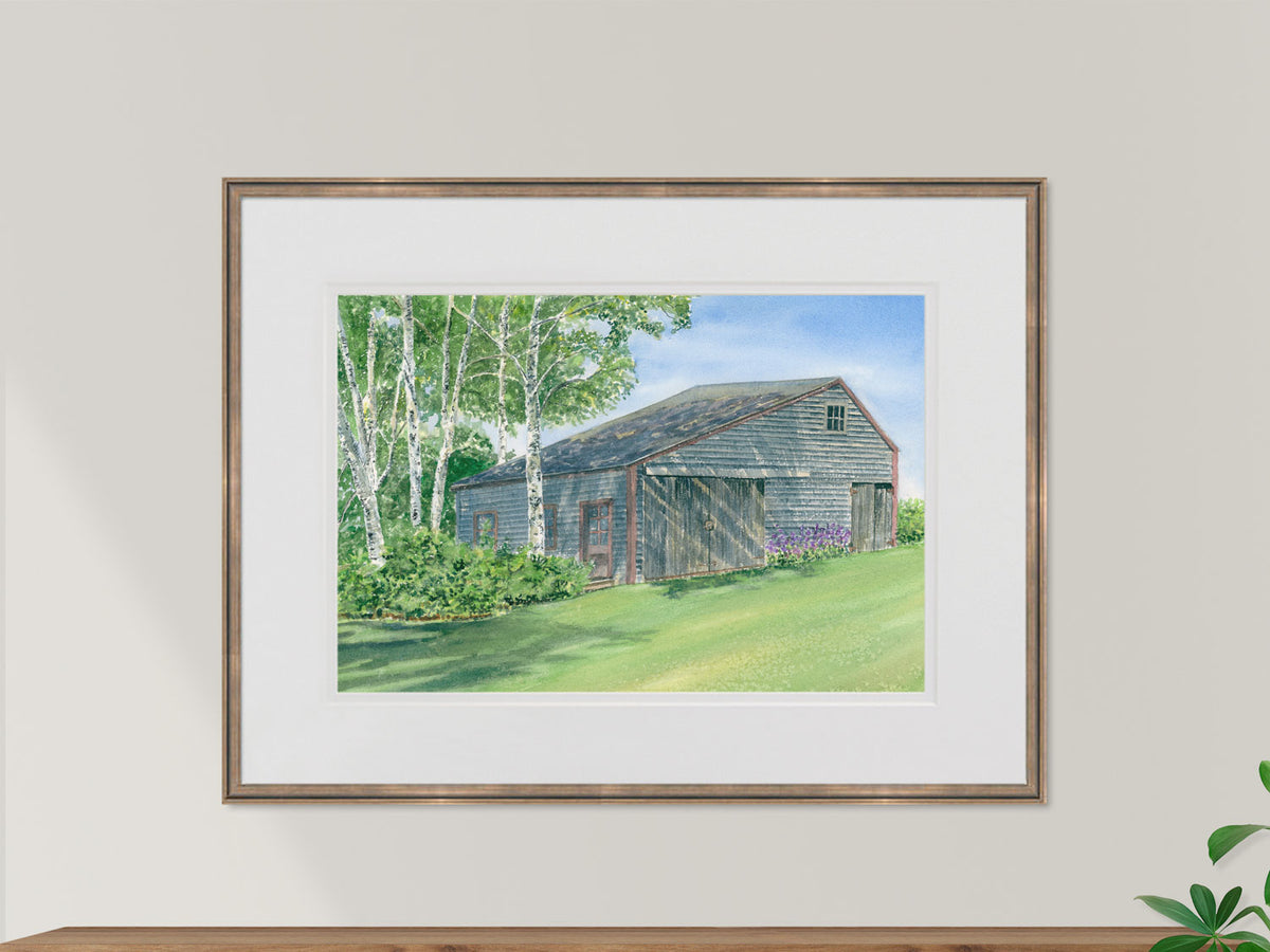 Framed original watercolor painting of Birches, weathered barn and paper birch trees, Friendship, Maine, in a warm wood frame
