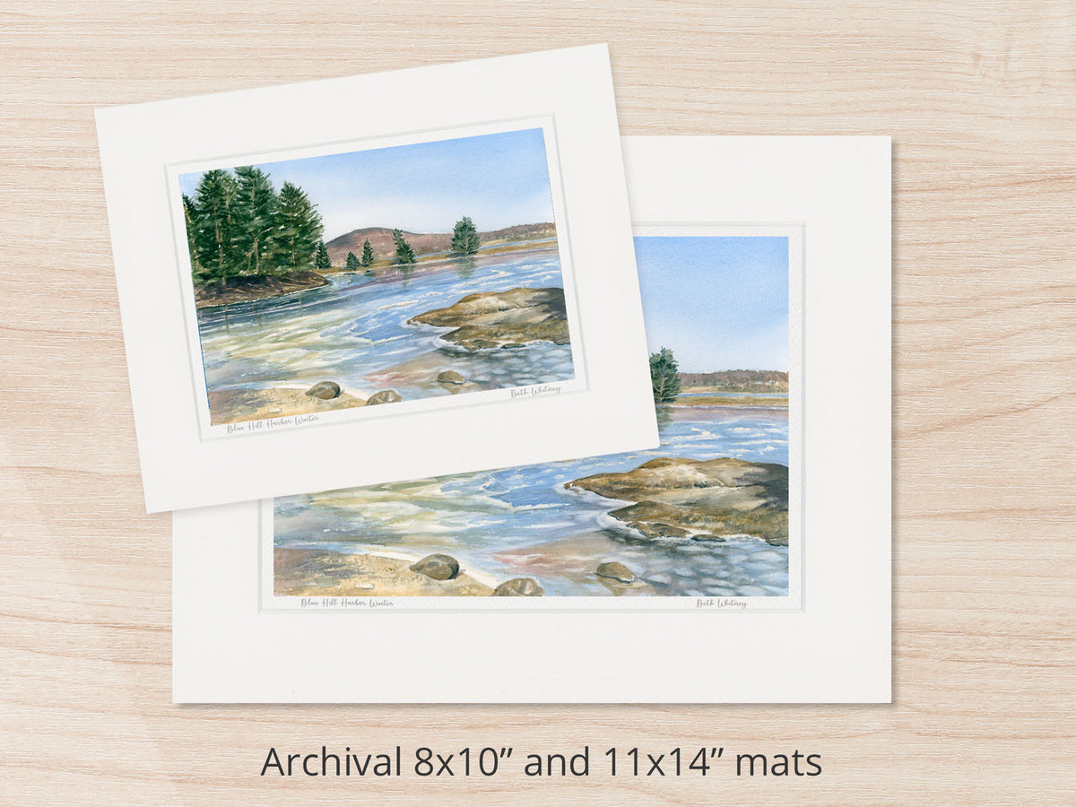 Archival watercolor prints of Blue Hill Harbor Winter, shown in 8x10 and 11x14 mat sizes.