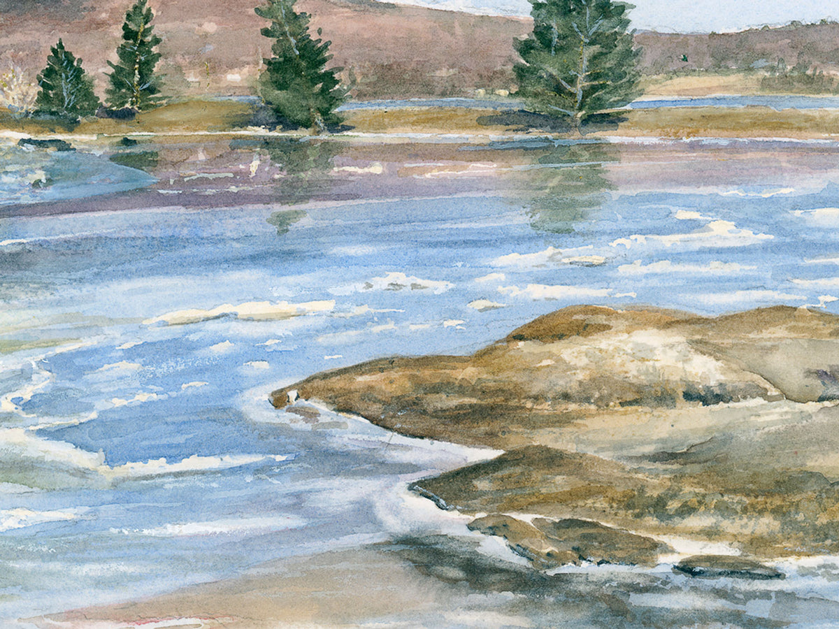 Close-up detail of original watercolor painting of Blue Hill Harbor Winter, showing irregular ice and glowing winter colors.