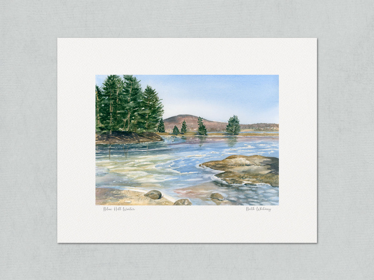 Unmatted archival watercolor print of Blue Hill Harbor Winter, icy cove and islands, on gray background.