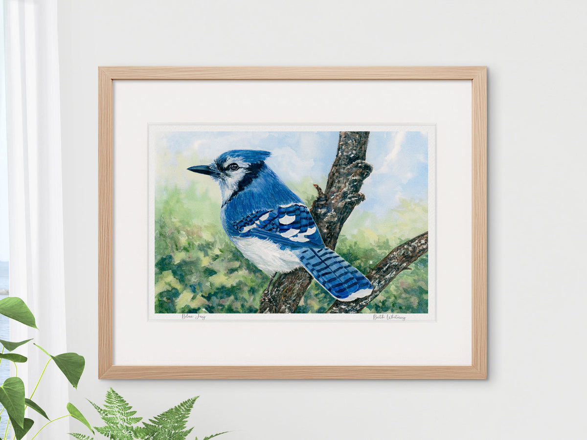 Framed watercolor print of Blue Jay in a warm wood frame, styled with botanical greenery.