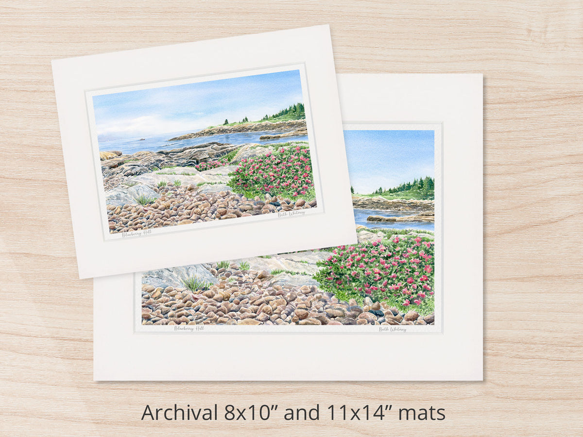 Archival watercolor prints of Blueberry Hill, Schoodic Point, shown in 8x10 and 11x14 mat sizes.