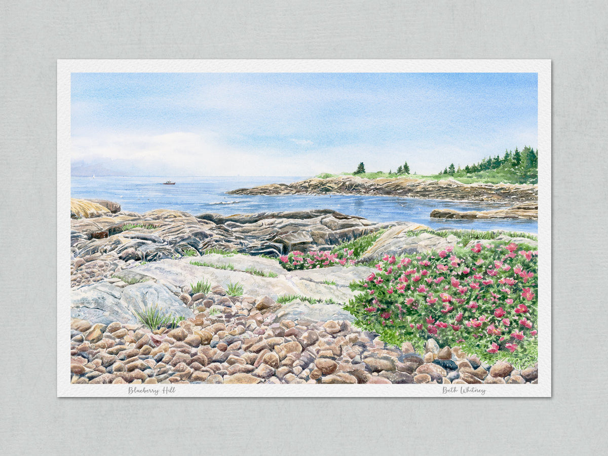 Unmatted archival watercolor print of Blueberry Hill, Schoodic Point, Acadia National Park, on gray background.