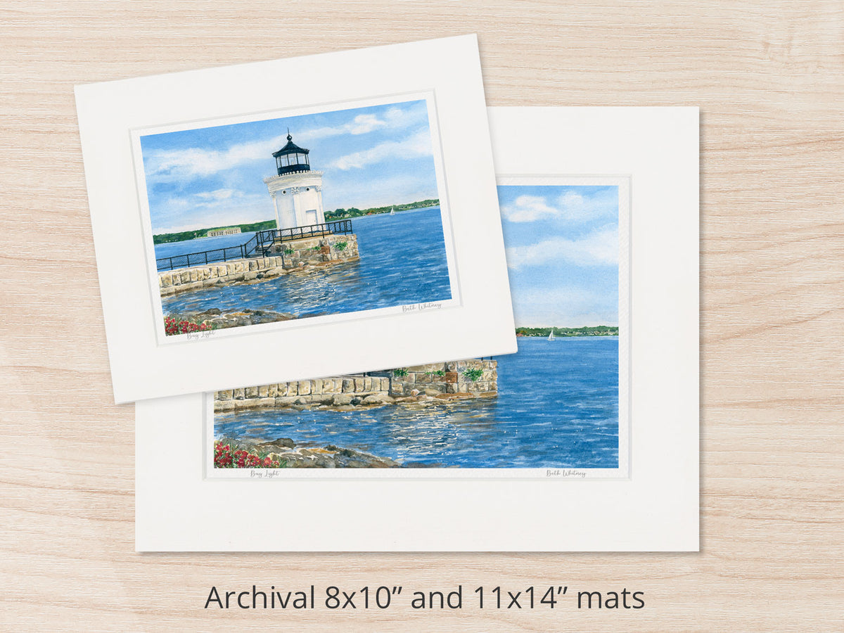 Archival watercolor prints of Bug Light, South Portland, shown in 8x10 and 11x14 mat sizes.