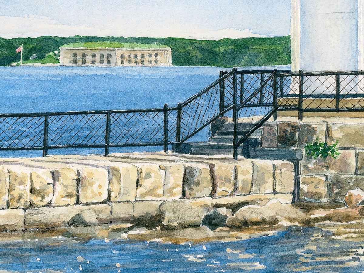Close-up detail of original watercolor painting of Bug Light, showing stone breakwater and Fort Gorges with flag in the distance.