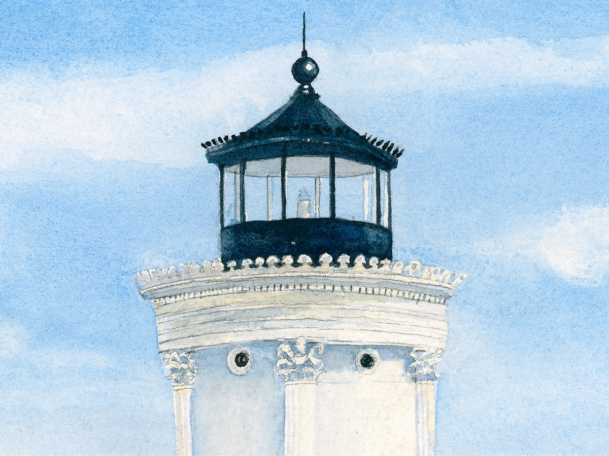 Close-up detail of original watercolor painting of Bug Light, showing the lighthouse tower and its distinctive curly eyelashes.