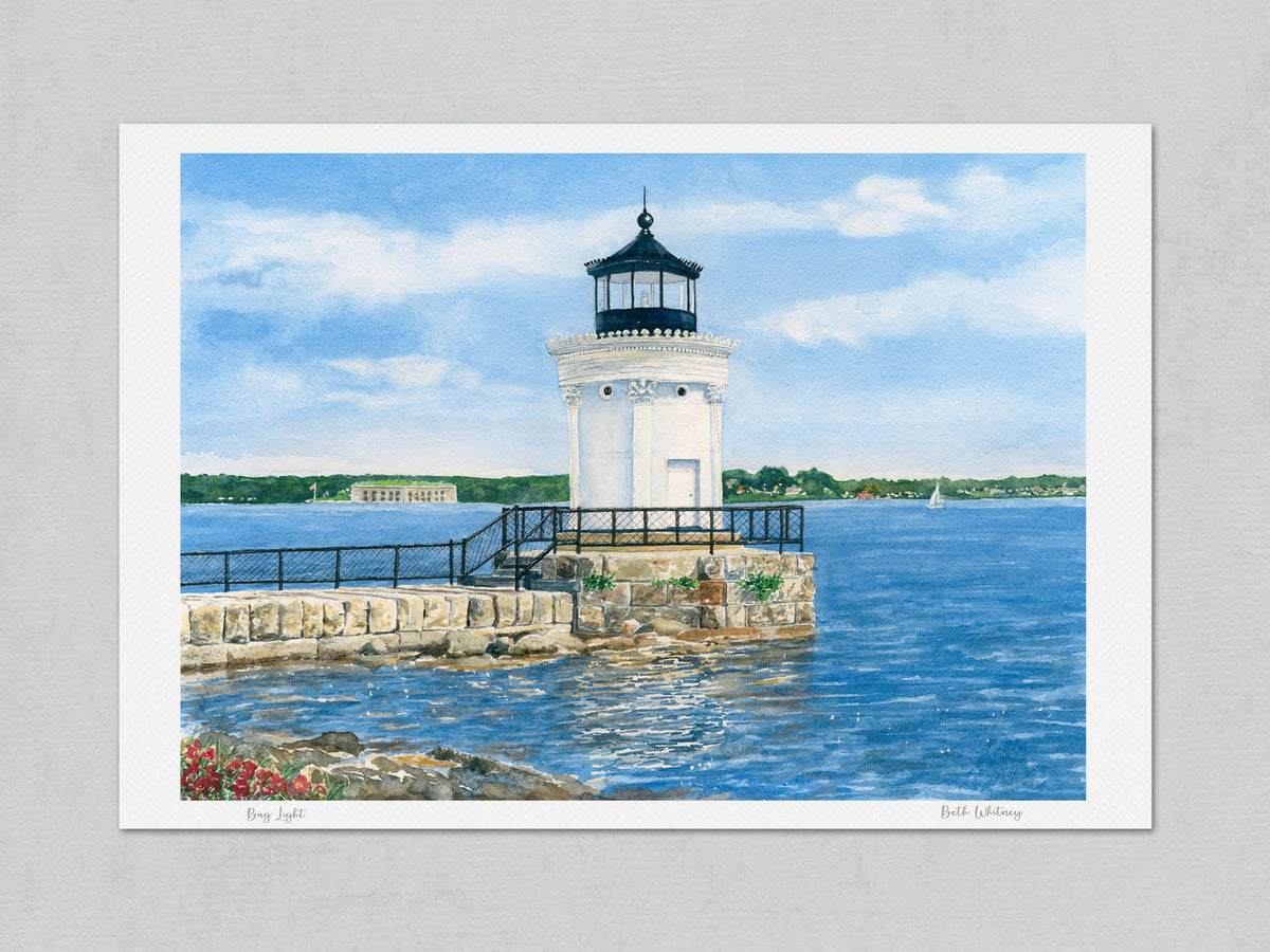 Unmatted archival watercolor print of Bug Light, Portland Breakwater Light, South Portland, on gray background.