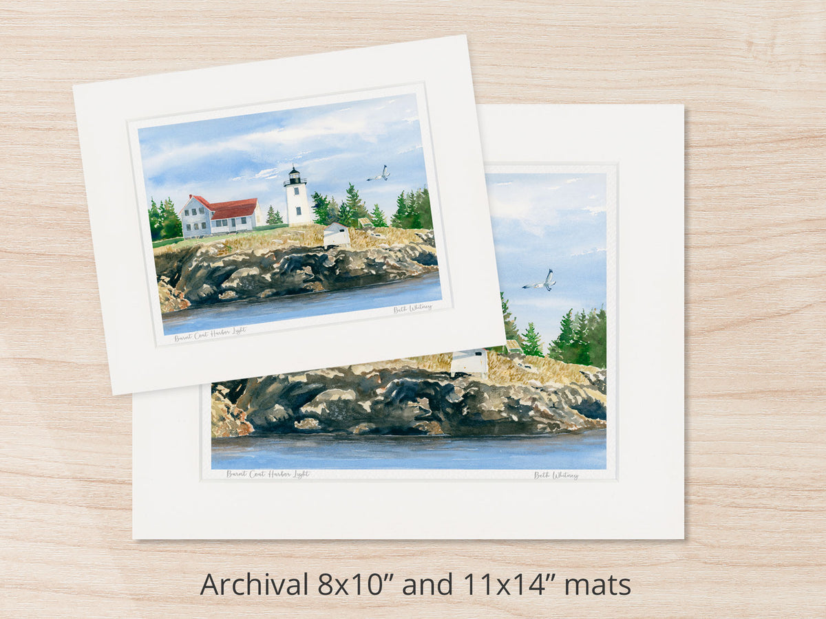 Archival watercolor prints of Burnt Coat Harbor Light, Swans Island, shown in 8x10 and 11x14 mat sizes.