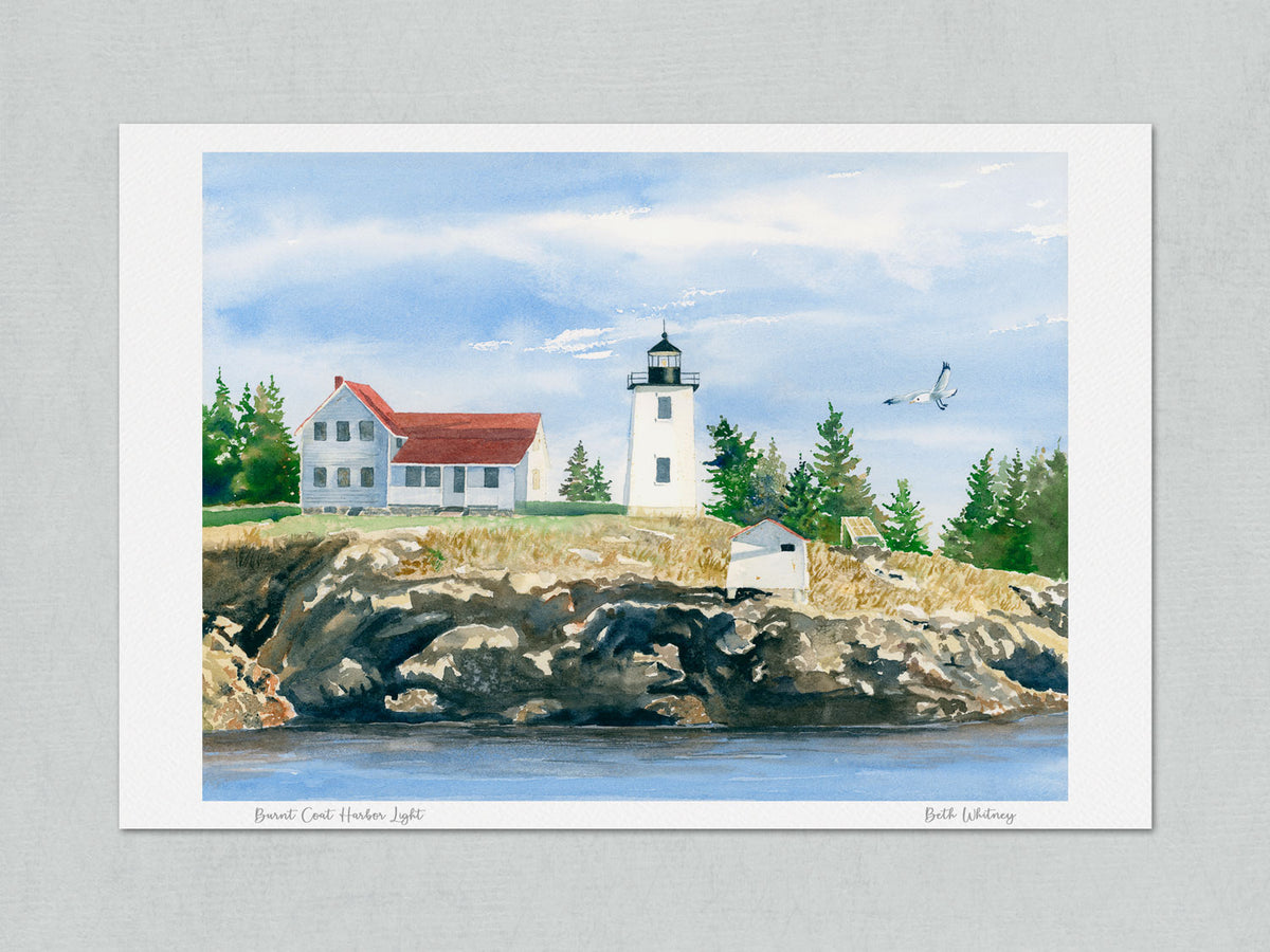 Unmatted archival watercolor print of Burnt Coat Harbor Light, Hockamock Head, Swans Island, Maine, on gray background.