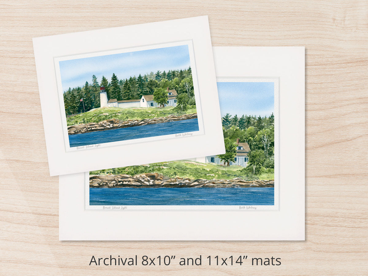 Archival watercolor prints of Burnt Island Light, Boothbay Harbor, shown in 8x10 and 11x14 mat sizes.