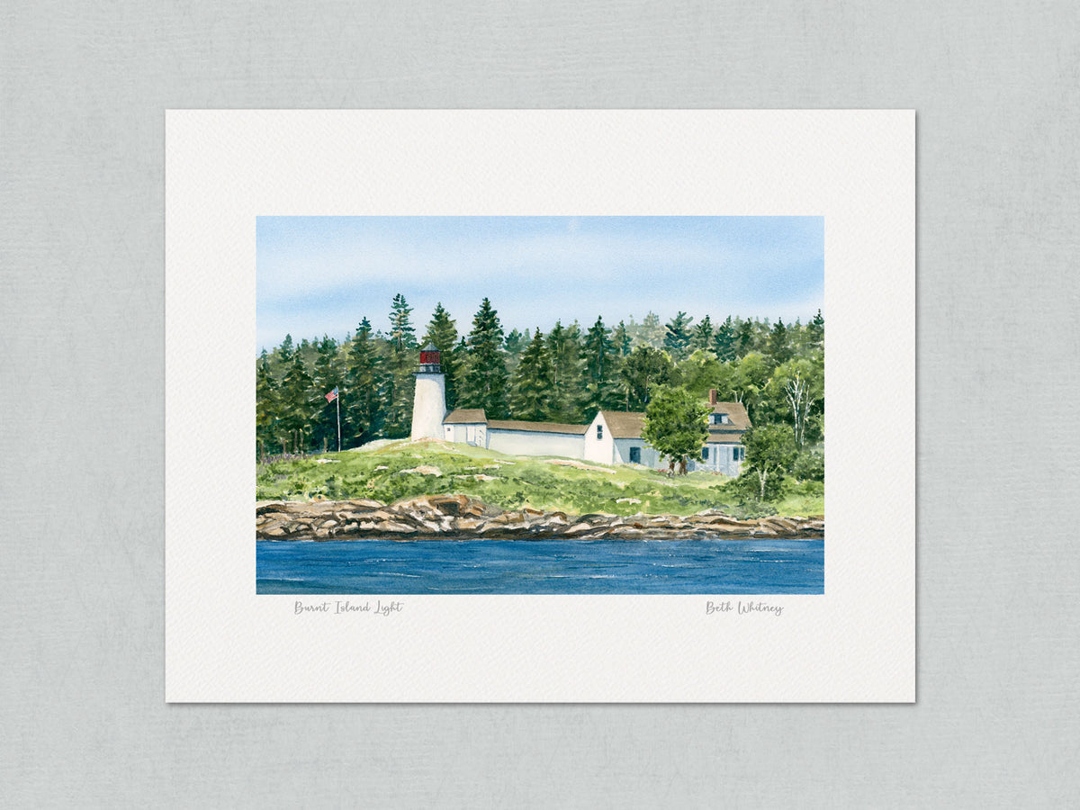 Unmatted archival watercolor print of Burnt Island Light, Boothbay Harbor, Maine, on gray background.