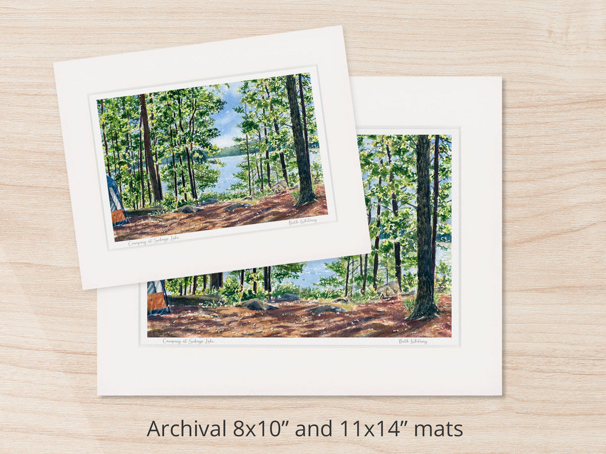 Archival watercolor prints of Camping at Sebago Lake, shown in 8x10 and 11x14 mat sizes.