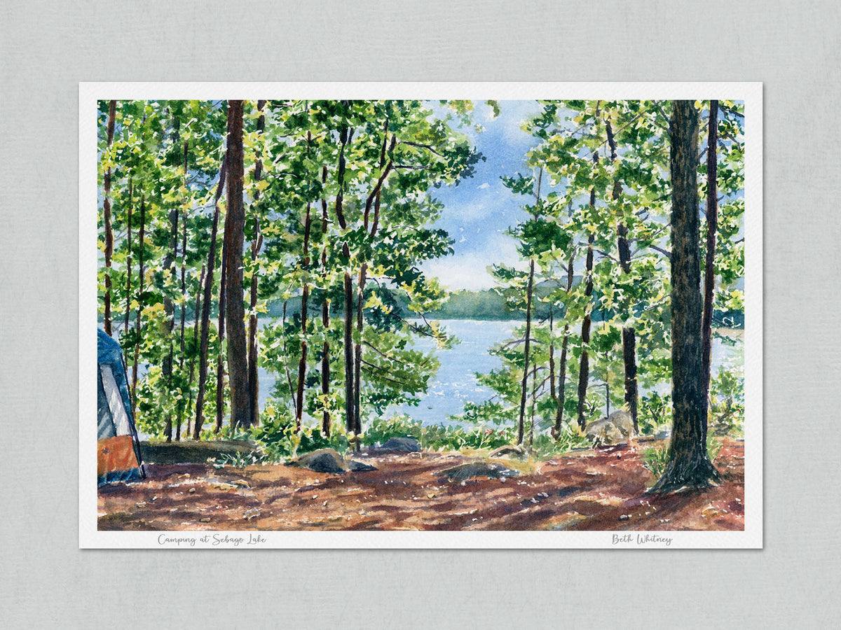 Unmatted archival watercolor print of Camping at Sebago Lake State Park, Casco, Maine, on gray background.