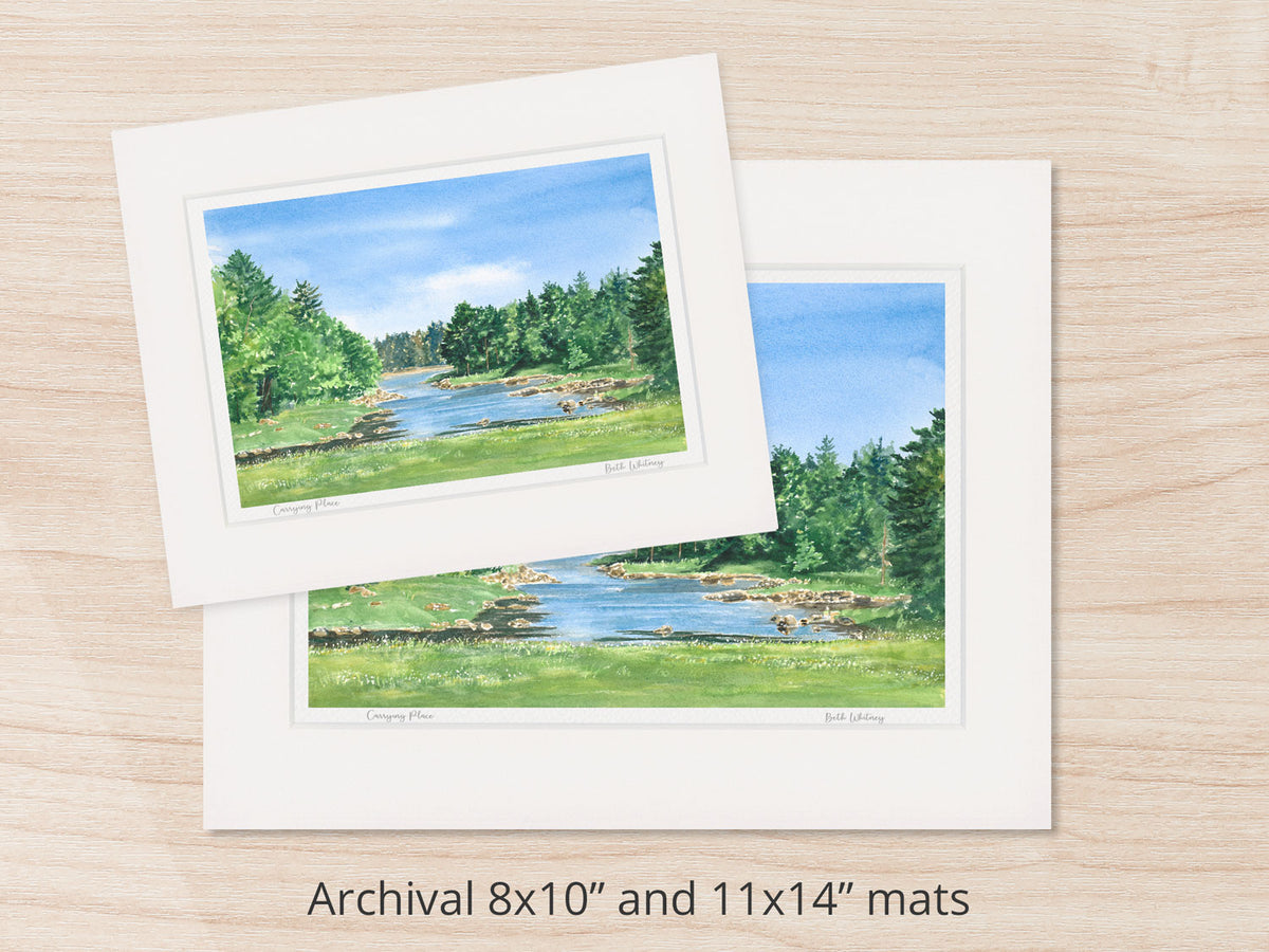 Archival watercolor prints of Carrying Place, Downeast Maine, shown in 8x10 and 11x14 mat sizes.